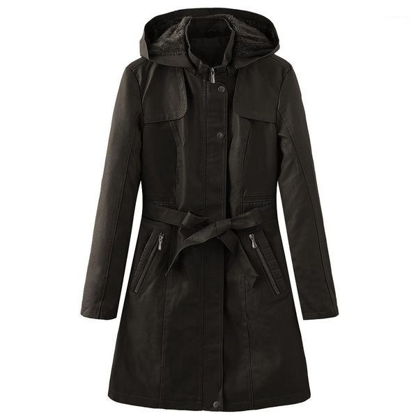 

trnch coats autumn winter slim fit belt casual windreaker ladies zipper fly fashion coats women pu hooded, Tan;black