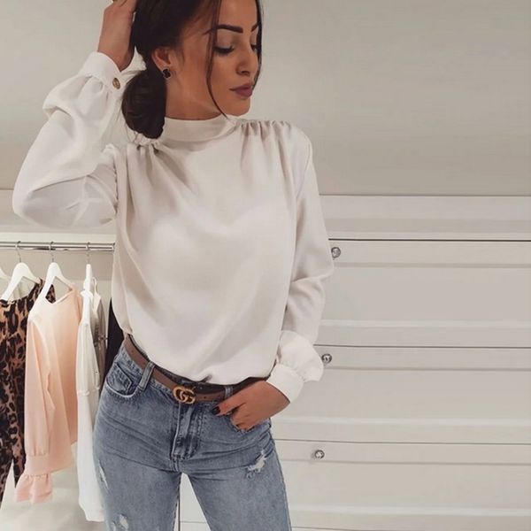 

2021 new autumn white chiffon office ladies shirt women casual solid lace up fashion long sleeve work blouse shirts 6bhj