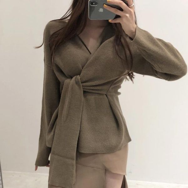 

comel2020 autumn korean chic lazy style haze blue v-neck belt waist loose long sleeve knitted sweater for women1, White;black