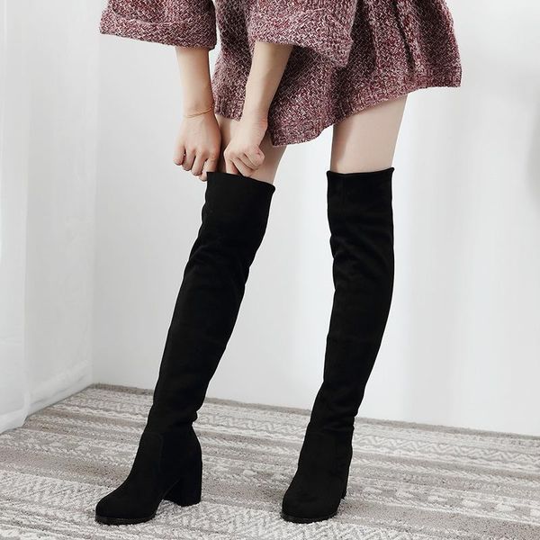 

sexy slim fit упругие flock над коленом boots женская обувь 2020 осень зима дамы высокий каблук выше колен длинные бедра высокие botas, Black