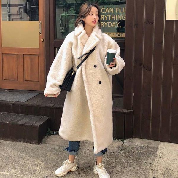 

winter 2021 women solid lamb fur coat long sleeve casual fleece jacket turn down collar long warm coat outerwear1, Black