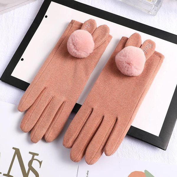 

winter female cashmere suede leather hairball mitten women thick plus plush windproof warm wrist touch screen driving gloves, Blue;gray