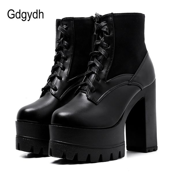 

gdgydh black leather boots women female autumn shoes with zipper platform heel lacing wholesale t200425