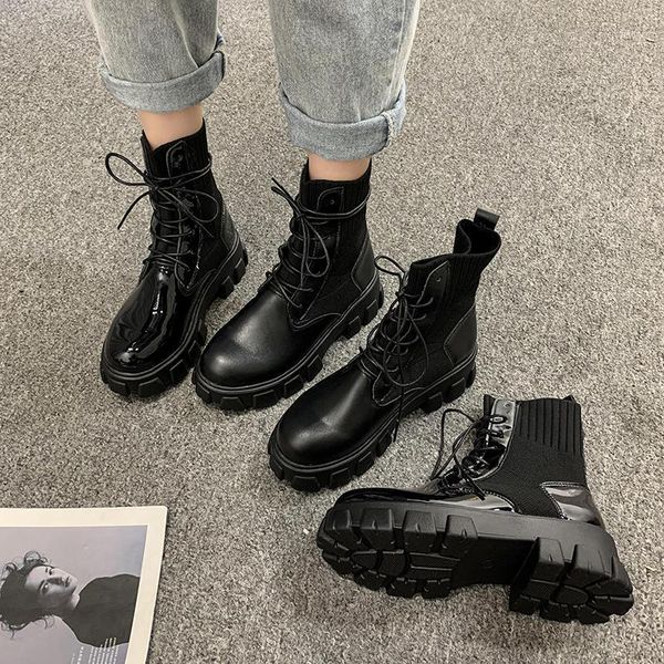 

boots women new 2020 autumn shoes lace up round toe winter footwear luxury designer rubber rock ladies med lolita fashion rome1, Black