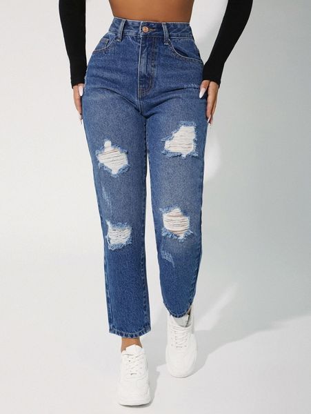 

petite high waist ripped detail jeans f6sl#, Blue