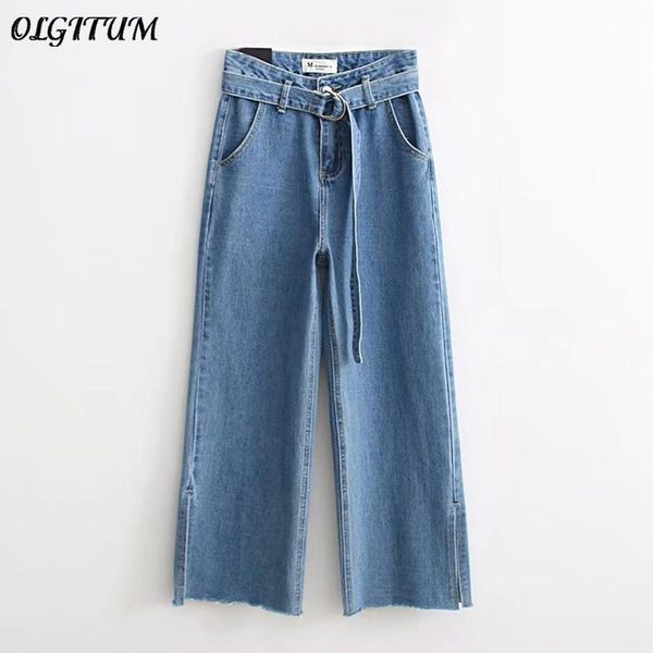 

2020 fashion ladies high waist nine points jeans loose jeans straight leg pants send belt1, Blue