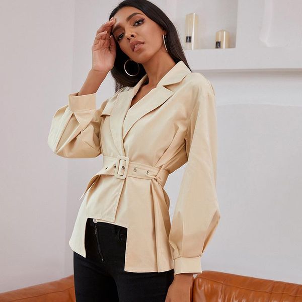 

zoulv 2020 beige casual commuter women's autumn short windbreaker single-breasted belt waist irregular windbreaker jacket women, Tan;black