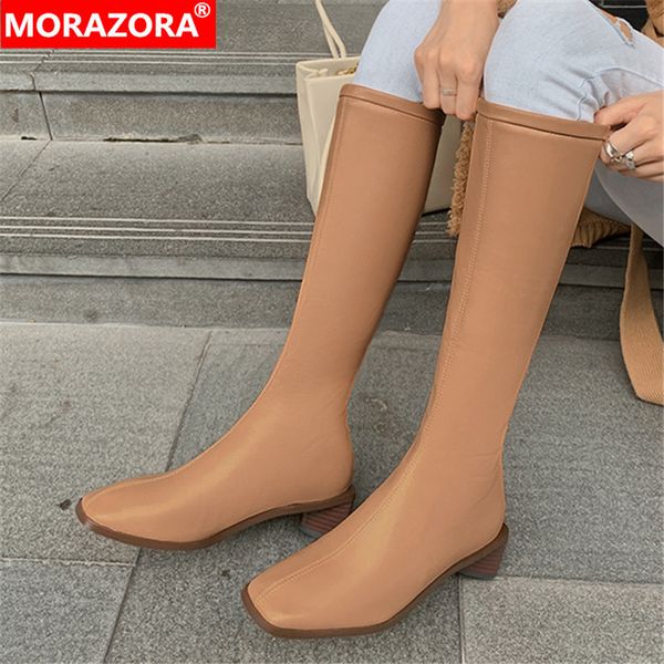 

morazora knee high boots 2020 fashion ladies shoes med heels square toe solid color women boots large size 33-43 black apricot 1026