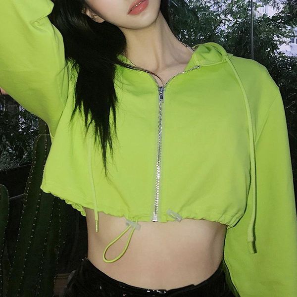 

neon green long sleeve zip-up crop hooded hoodies women spring autumn korean fashion cropped sweatshirts woman clothes crop top, Black