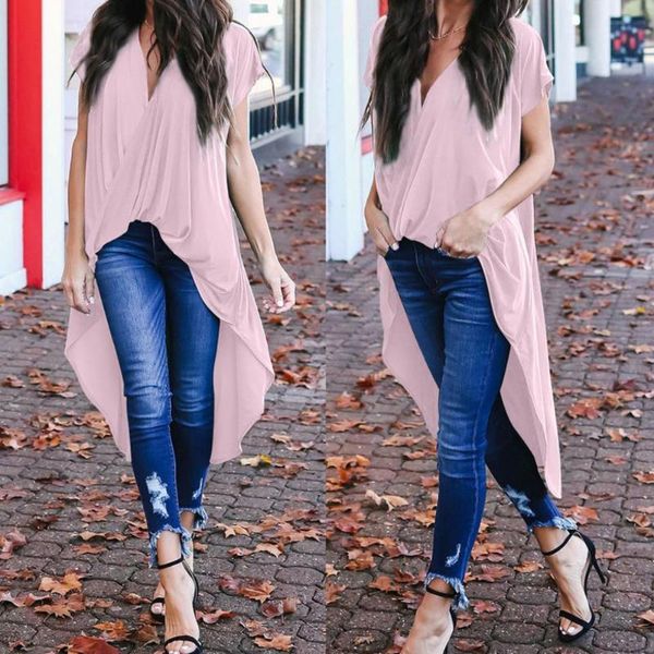 

women blouses 2021 fashion women short sleeve v neck front cross irregular swallow-tailed hem loose blouse, White