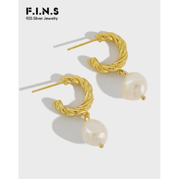 

f.i.n.s 925 sterling silver twist rope pattern irregular baroque freshwater pearl gold drop earrings korean fashion fine jewelry
