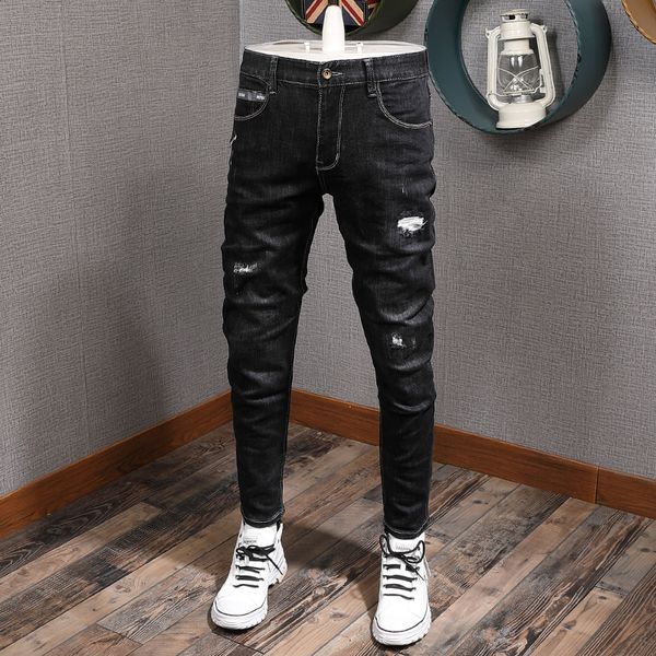 

2021 new korean style fashion black color patchwork slim fit ripped jeans men vintage designer denim pencil pants t8hw, Blue