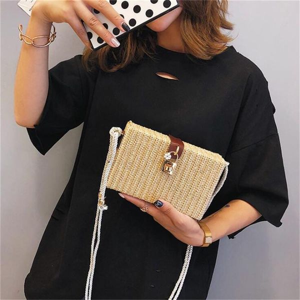 

summer beach handbags women messenger bags square straw hand woven flap ladies crossbody bag shoulder rattan bags bolsa feminina