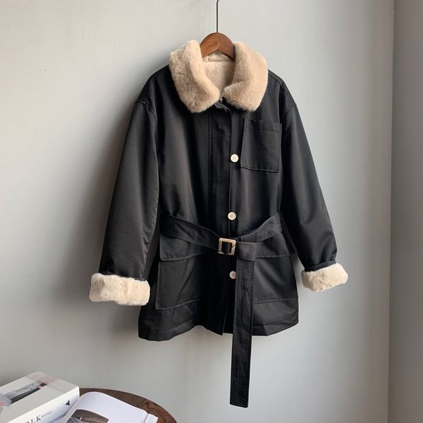 

2021 new furry turn down collar fleece inner midi length vintage women spring camel coat oversize winter clothes 8c4s, Black;brown