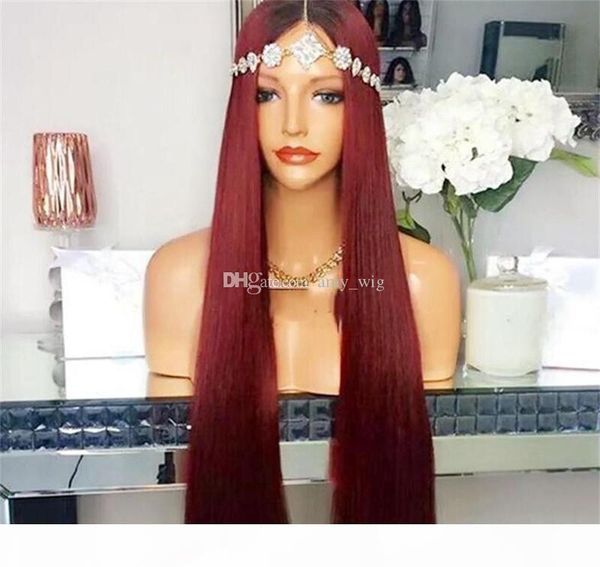 

ombre 1bt99j full lace wig brazilian virgin hair silky straight lace front human hair wig red with dark roots for women, Black;brown