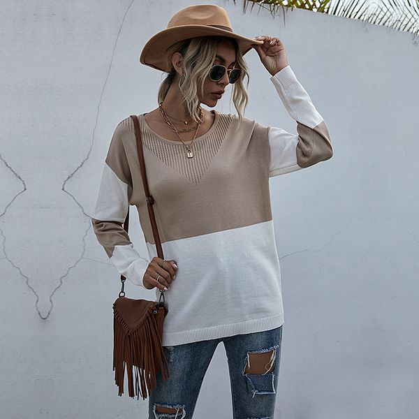 

new 2021 women spring chic elegant o neck casual sweater sweet knit long sleeve patchwork pull slim sweaters lg1i, White