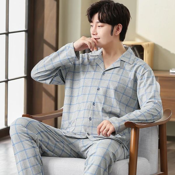 

men pajamas sets full pure cotton pyjamas sleepwear nightwear underwear long sleeve printed plaid casual spring autumn winter1, Black;brown