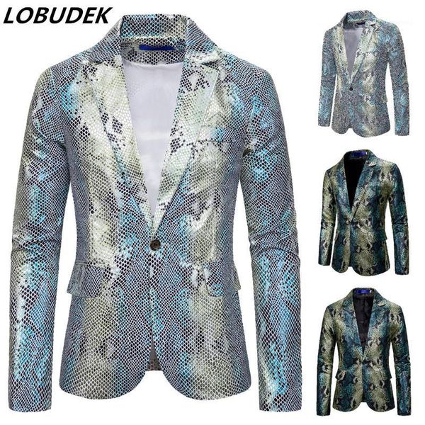 

men's suits & blazers men singer nightclub stage costume green snake pattern one button fish scale print slim fit banquet club blazer1, White;black