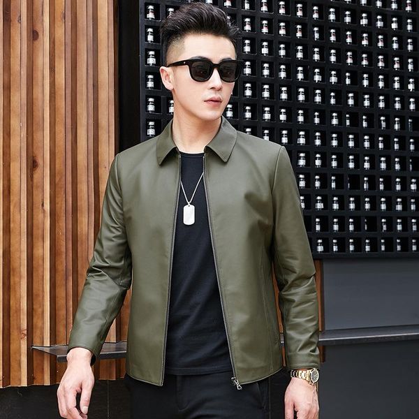 

men's leather & faux short coat zipper dad's sheep's business casual middle age jacket with lapel, Black