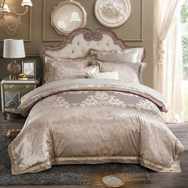 

svetanya light golden european satin silk cotton linens jacquard bedding set  king size bedsheet duvet cover pillow sham