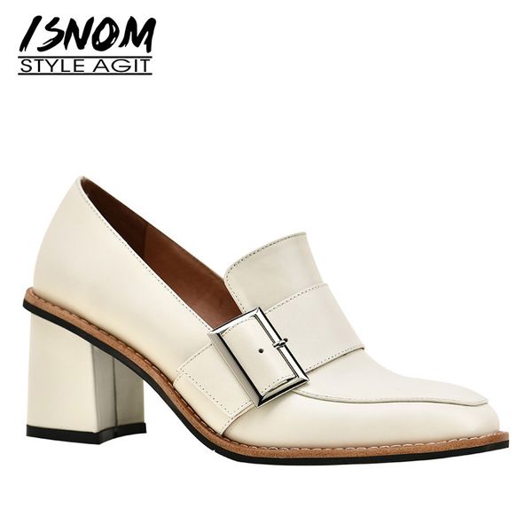 

isnom cow leather pumps women square toe footwear thick heels office shoes female fashion buckle shoes woman spring 2020 new t200525, Black