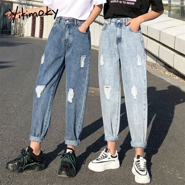 

blue elastic waist ripped jeans for women high waist plus size denim pants mom jeans fashionn woman hollow out washed new 201225