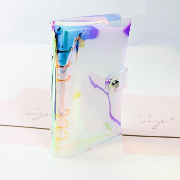 

notepads a5 a6 a7 pvc rainbow laser transparent notebook diary cover glitter loose leaf note book planner clip office supplies1, Purple;pink