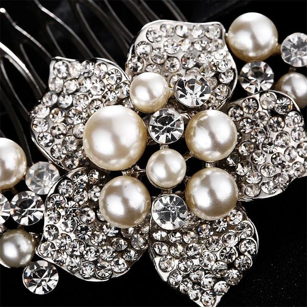 

qyy fashion flowers pearls bridal hair comb zinc alloy rhinestone hair jewelry wedding hair pins tiara for women wmtnkg xhhair, Silver