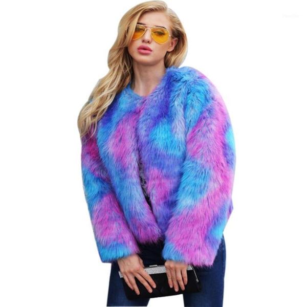 

furry fur coat women fluffy warm long sleeve female outerwear autumn winter coat jacket hairy round neck faux fur overcoat1, Black