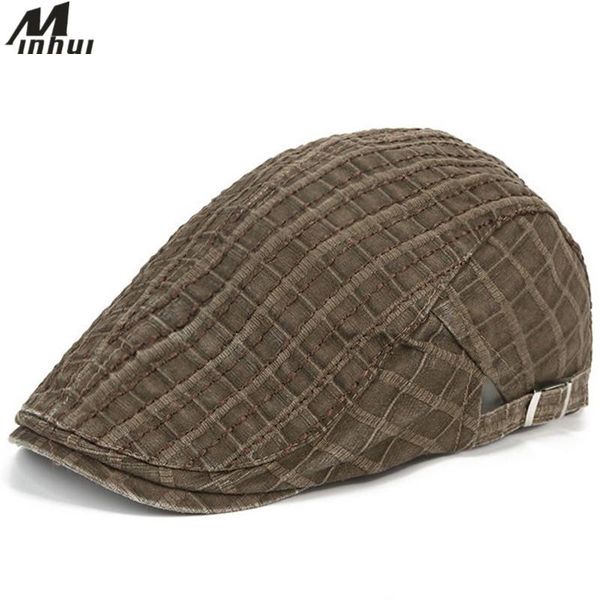 

berets minhui washed cotton hats vintage plaid stripes embroidery flat cap men beret hat gorras boina casquette, Blue;gray