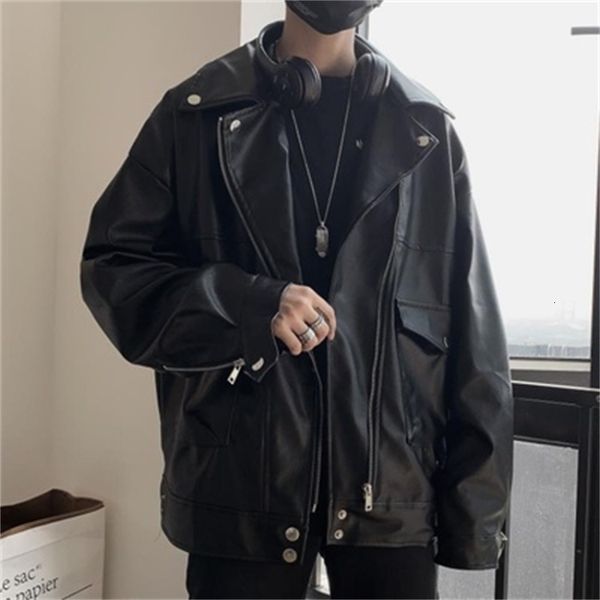 

2021 men's autumn thin new winter leather retro jacket lapel young clothes 3j73, Black;brown