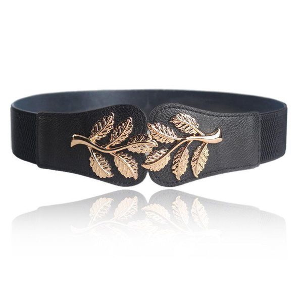 

fashion leaf waistbands stretchy elastic belt cummerbund double metal buckle waistband for women dress ceinture elastique femme, Black;brown
