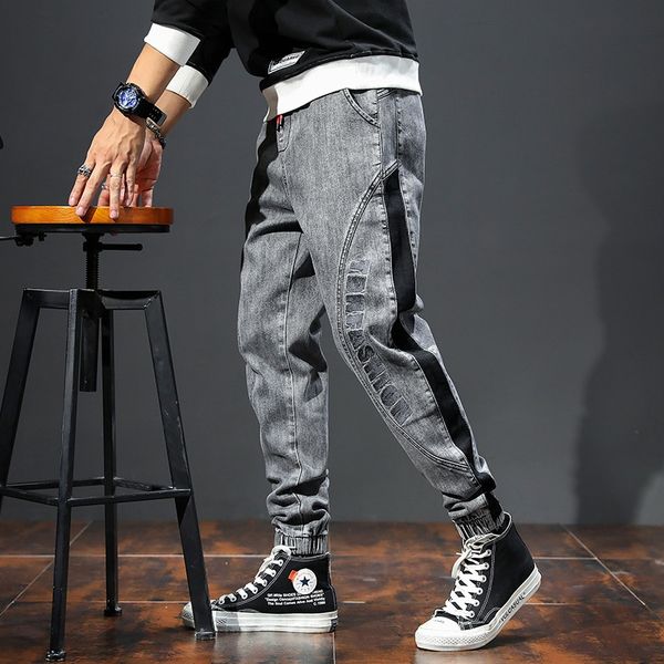 

autumn and winter and jeans grey jeans men's corset fashion casual loose printed large pants lace up elastic waist trend of korean vers, Blue