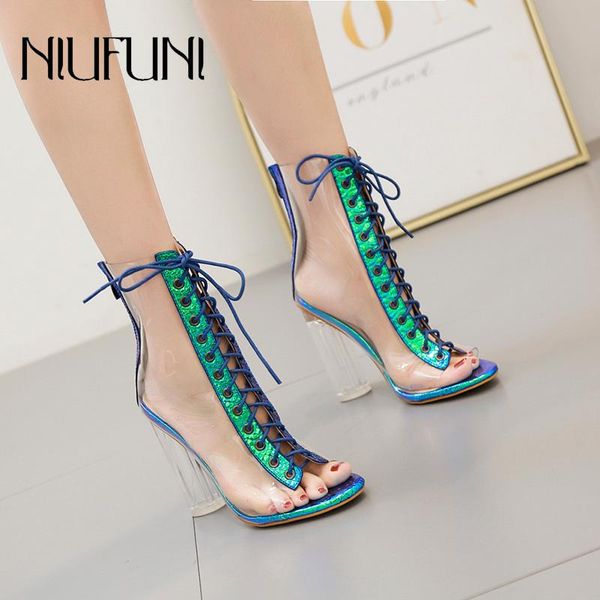 

boots plus size ladies peep toe spring autumn ankle strap pvc transparent crystal heel women high heels 2021 rain, Black