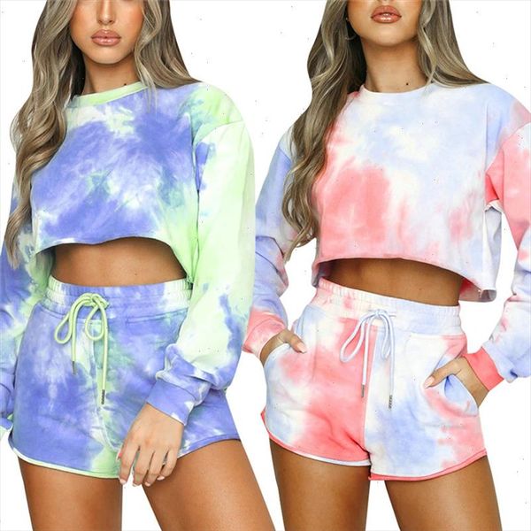 

womens tie dye sportswear two piece suit, personalized long sleeved pullover short high waist lace up shorts, Gray