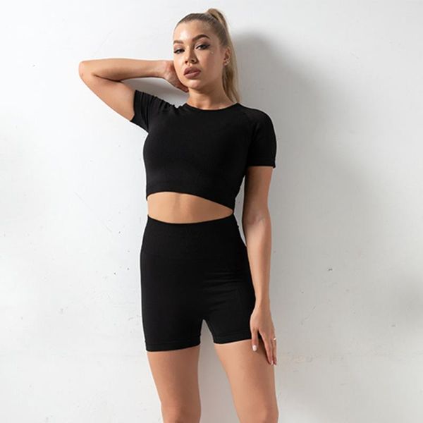 

yoga outfits seamless women set workout sportswear gym clothing fitness short sleeve crop high waist leggings sports suits, White;red