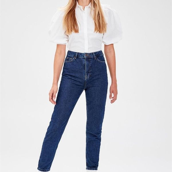 

trendyol navy blue high waist slim women casual mom jeans twoaw20je0009 y200417