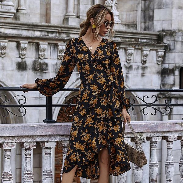 

casual dresses 2021 summer spring women dress fashion v neck floral print ruffle puff sleeve female silm high waist, Black;gray