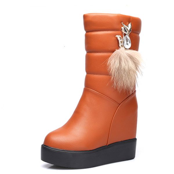 

2021 new fashionable women's leather mid-calf boots, waterproof snowshoes comfortable warm ten in high heels 1inb, Black