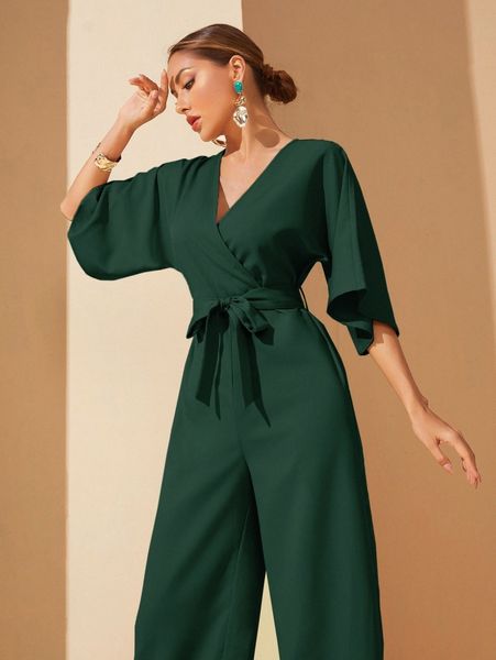 

surplice front belted wide leg jumpsuit u1t8#, White