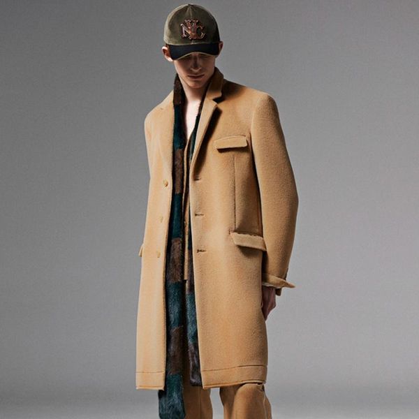 

men's wool & blends woolen coat 2021 autumn and winter european american show youth mid-length windbreaker, Black