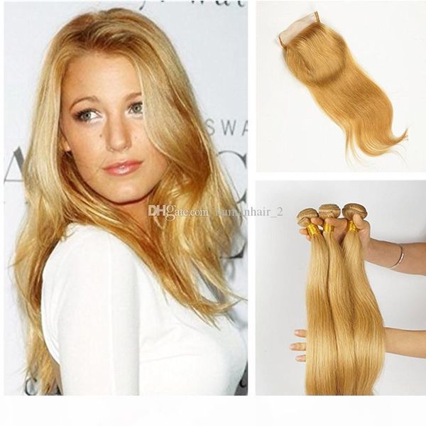 

straight lace closure with bundles honey blonde 27 hair with lace closure bleached knots silk straight strawberry blonde brazilian hair, Black;brown
