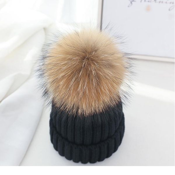 

new raccoon fur ball cap pom poms winter hat for women knitted hat girl knitted beanies cap thick warm female girl qylcyy