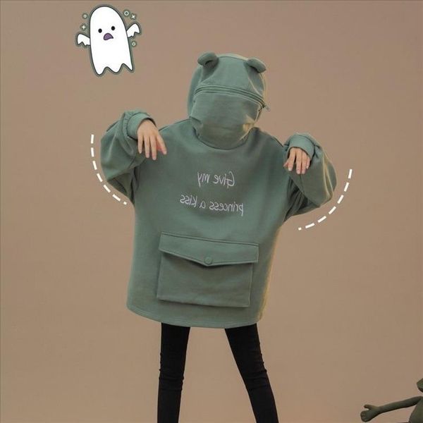 

frog hoodie women mid length avocado green brushed hoody womens creative stitching cute design frog pullover pocket jacket, Black