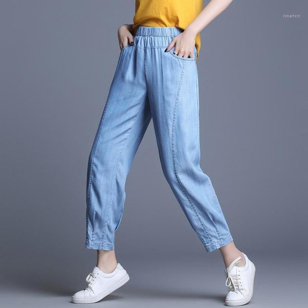 

2019 sping summer denim jeans woman high elastic waist jeans vintage grils ankle-length harem pants1, Blue