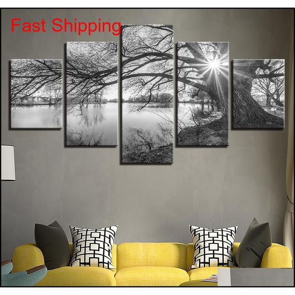 

wall art 5 pieces canvas pictures for living room poster framework lakeside big trees paintings black white land qylzzb yh_pack