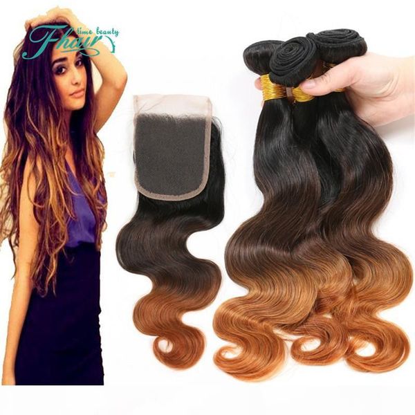

ombre peruvian hair body wave with closure three tone 1b 4 30 honey blonde ombre human hair bundle deals with lace closure, Black