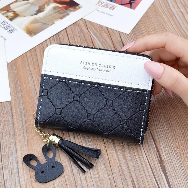 

2019 new style purse women's short wallet zipper tassels wallet fashion korean-style contrast color embossed1, Black