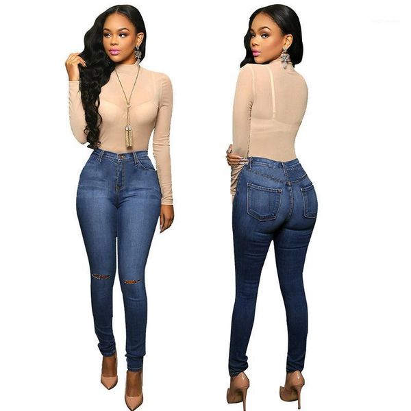 

women jeans high waist elastic ripped keen holes denim pencil pants women's casual classic blue jeans plus size1