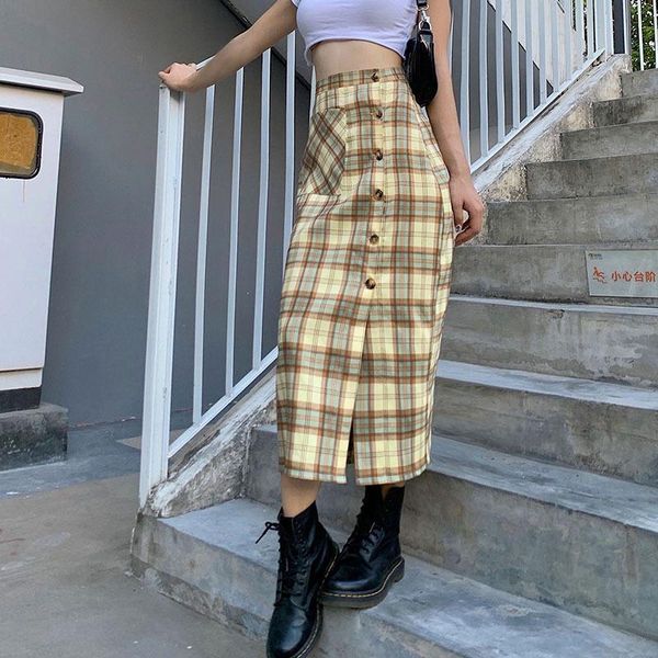 

women's fashion plaid printed button slit high waist skirt brown, Black